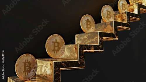 A series of gleaming golden cryptocurrency coins, such as Bitcoin, arranged in an ascending staircase pattern against a dark, elegant background. This image symbolizes growth, success.