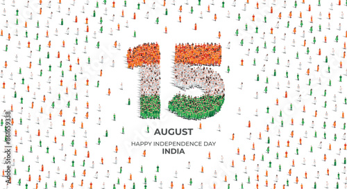15th of August Happy Independence Day India. A large group of people form to create the number 15. Indian people in traditional dress or clothings. Vector illustration. 