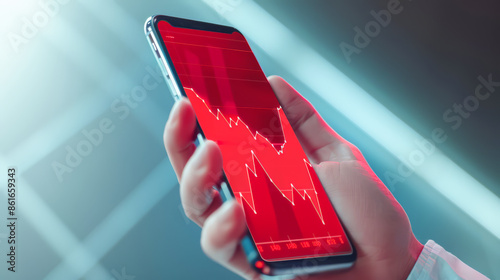 A close-up image of a hand holding a smartphone displaying a vivid red stock market graph. The downward-trending graph on the phone screen.