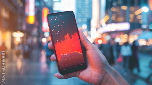 A close-up image of a hand holding a smartphone displaying a vivid red stock market graph. The downward-trending graph on the phone screen symbolizes financial loss, market downturns.