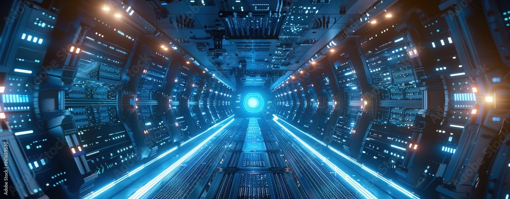 Quantum computing lab with advanced technology and glowing blue elements
