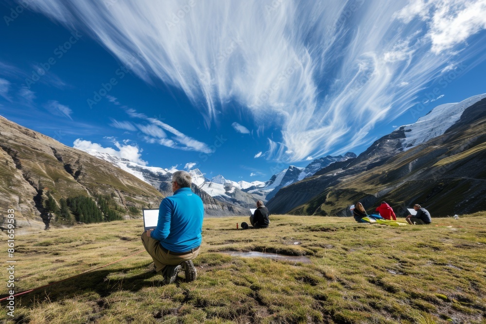 Fototapeta premium Outdoor Business Retreat at Mountain Base Camp Diverse Professionals Strategizing and Working on Laptops Amidst Nature