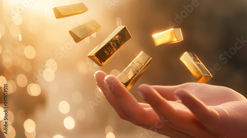 A captivating image showcasing six gleaming gold bars floating above an outstretched hand, illuminated by a warm, golden light with a bokeh background.