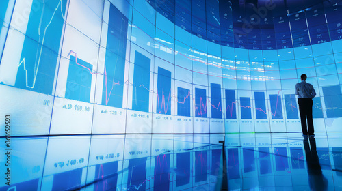 Wide-angle view of a solitary investor standing before a large digital screen displaying detailed financial graphs and charts.