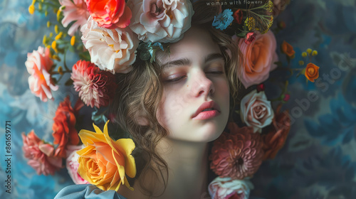 Portrait of a serene young woman with closed eyes, adorned with a lush and decorative crown of vibrant flowers. The soft lighting and intricate floral arrangement create a dreamy.