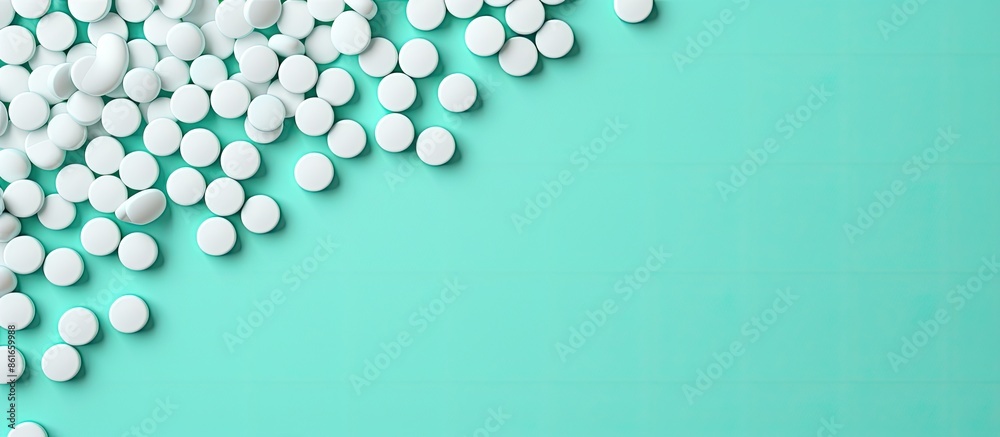 Mint background adorned with white pills in a flat lay composition, with room for text in the image. with copy space image. Place for adding text or design Mint background adorned with white pills in a flat lay composition, with room for text in the image. with copy space image. Place for adding text or design