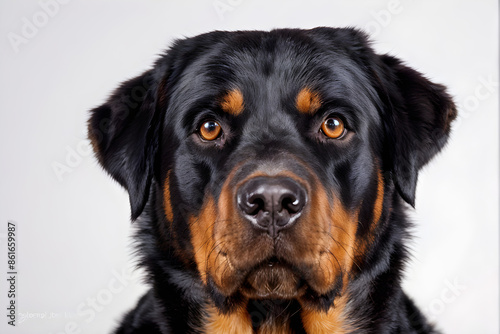 studio headshot portrait of rescue Rottweiler tilting head looking forward against a light gray backdrop