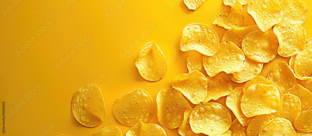 A bird's-eye-view banner displaying textured golden corrugated chips on a yellow background, evoking a fast food theme with space for text or images. with copy space image A bird's-eye-view banner displaying textured golden corrugated chips on a yellow background, evoking a fast food theme with space for text or images. with copy space image