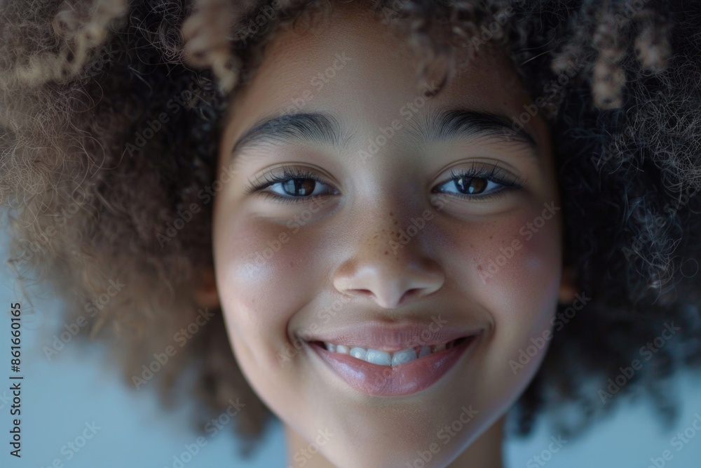 A close-up view of a young girl with curly hair A close-up view of a young girl with curly hair