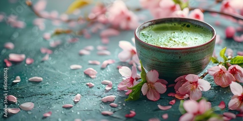 Matcha Green Tea Embracing Japanese Tradition with Cherry Blossoms. Concept Japanese Culture, Traditional Tea, Pink Cherry Blossoms, Green Tea Ceremony, Asian Aesthetics photo