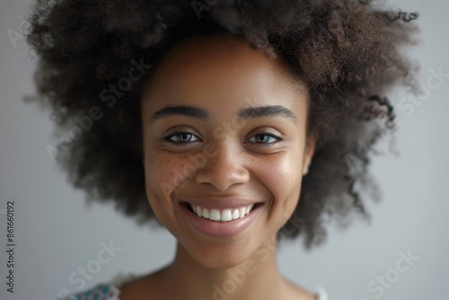 A happy woman with afro hairstyle looking directly at the camera