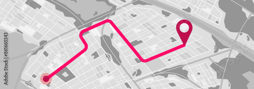 Black And White City Map Showing A Detailed Layout Of Streets And Landmarks, Red Route Marked From The Starting Point
