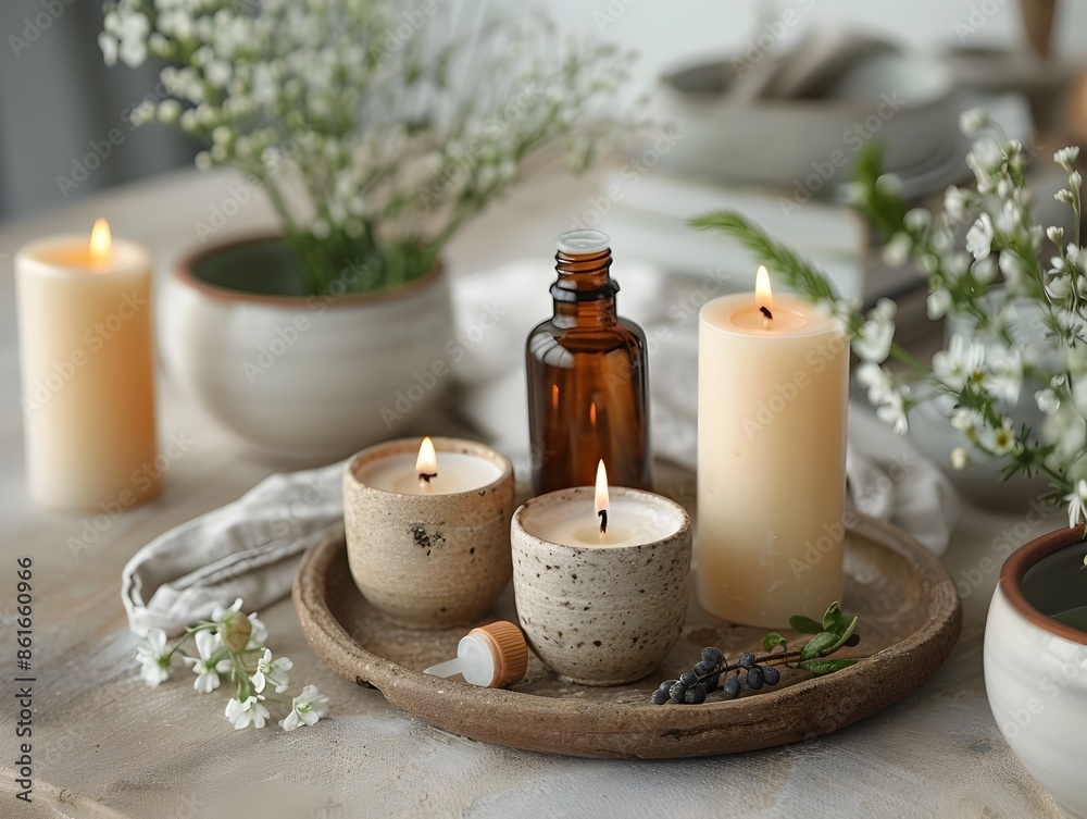 Minimalist Table Setting with Natural Essential Oils and Aromatherapy Candles Minimalist Table Setting with Natural Essential Oils and Aromatherapy Candles