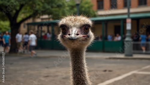 A mischievous ostrich escapes from a zoo and explores the city, encountering curious humans and causing unintentional chaos ai-generated photo