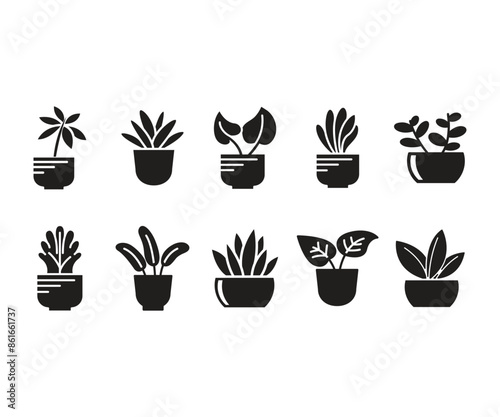 houseplant and plant pot icons set
