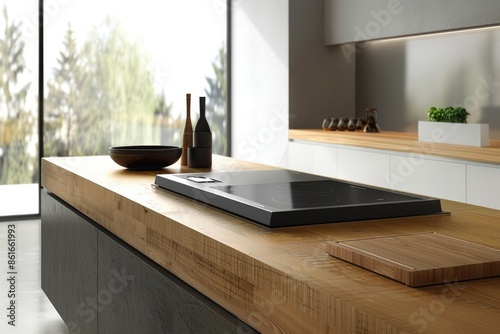 An elegant induction cooktop with touch controls, built into a minimalist kitchen island with clean lines photo
