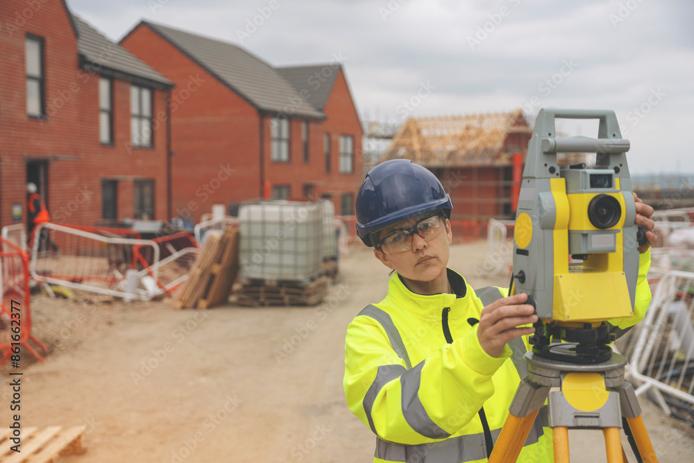 Serious Female Surveyor Using Total Station at Construction Site During Daytime Serious Female Surveyor Using Total Station at Construction Site During Daytime