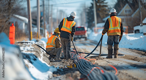 Construction Workers Installing Utility Cables on Snowy Roadside 