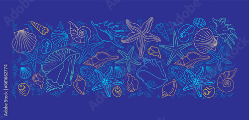 Vector square pattern, border, frame of line art tropical sea elements, seashells, starfish. Doodles of marine life. Sea decor for scrapbook, card, design. Ocean creatures. Maritime illustration