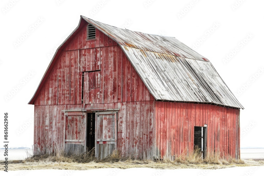 A classic rural scene featuring a red barn with a rusty tin roof, surrounded by natural scenery A classic rural scene featuring a red barn with a rusty tin roof, surrounded by natural scenery