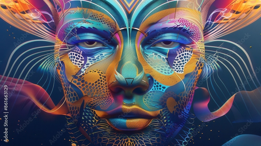 Capture a close-up shot of a vibrant, intricately designed cultural festival mask, merging with futuristic AI elements in a harmonious blend of colors