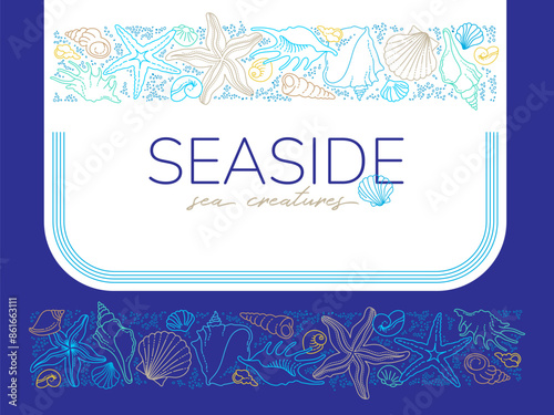 Vector frame, border, vignettes, corners of line art tropical sea elements, seashells, starfish. Doodles of marine life. Sea decor for scrapbook, card, design. Ocean creatures. Maritime illustration