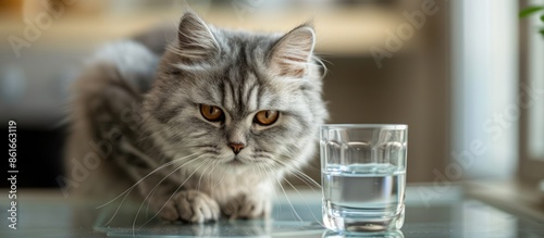 White-gray cat drinking wat...