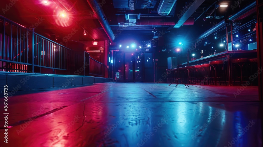 A dimly lit room with red and blue lights creating an eerie atmosphere A dimly lit room with red and blue lights creating an eerie atmosphere