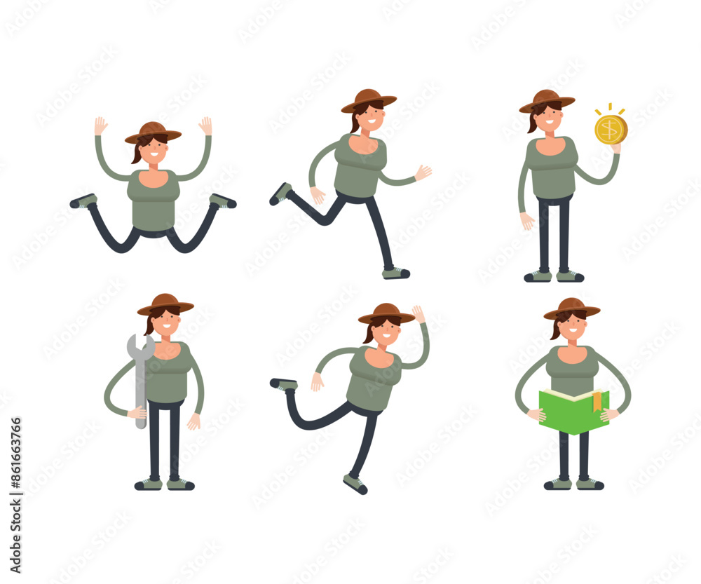 woman with hat characters in various poses vector illustration woman with hat characters in various poses vector illustration
