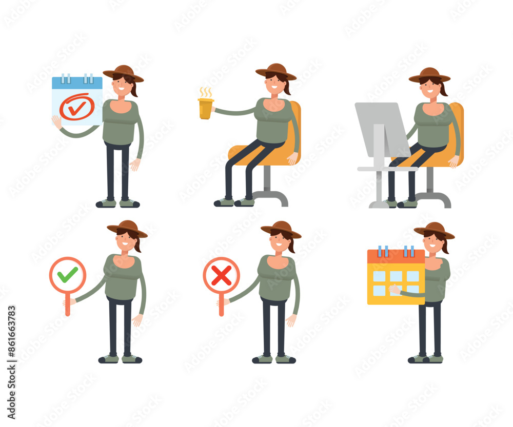 woman with hat characters in various poses vector illustration woman with hat characters in various poses vector illustration
