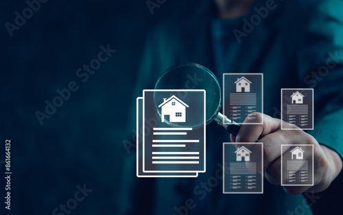 Real estate documents under magnifying glass, signifying property search and analysis. Ideal for realty, investment, housing marketing, business. Digital inspection concept.