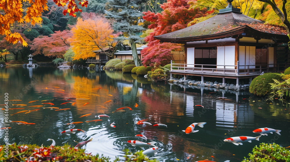 Obraz premium A tranquil Japanese garden in autumn, with vibrant red and orange leaves, koi ponds, and traditional teahouses.