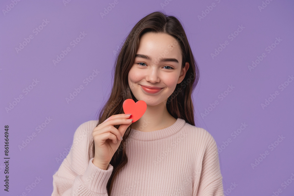 Portrait of a lovely young girl touching her hair, wearing a shirt, isolated on a purple background. Perfect for fashion and beauty themes Portrait of a lovely young girl touching her hair, wearing a shirt, isolated on a purple background. Perfect for fashion and beauty themes
