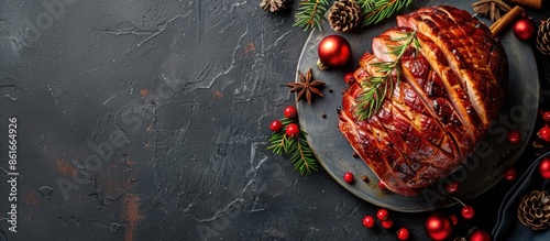Obraz na płótnie Top-down view of a mouthwatering ham on a gray tabletop for a Christmas meal, with room for text in the image. with copy space image. Place for adding text or design w salonie