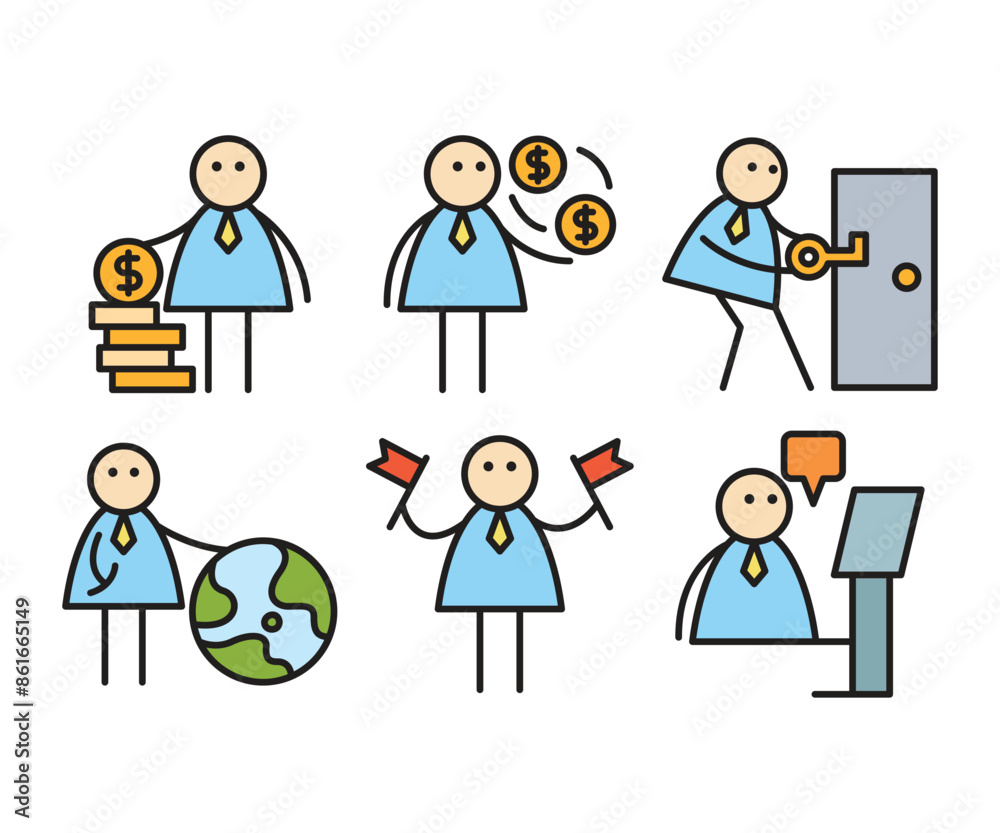 funny businessman characters stick figure in various poses vector illustration