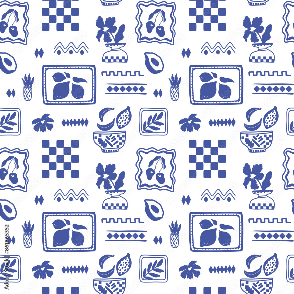Blue tile summer seamless pattern. Abstract checkered elements, framed fruits. Vector mosaic background. Geometric square shapes with lemons, cherry, vase. Mediterranean wallpaper, print, textile