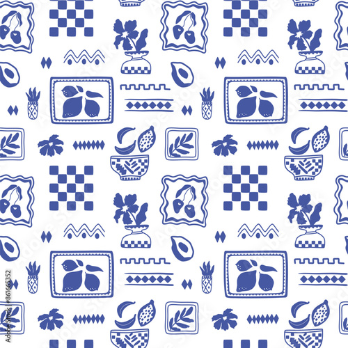 Obraz na płótnie Blue tile summer seamless pattern. Abstract checkered elements, framed fruits. Vector mosaic background. Geometric square shapes with lemons, cherry, vase. Mediterranean wallpaper, print, textile w salonie