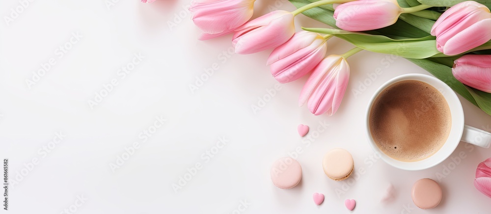 Spring-themed setup featuring pink tulips, chocolates, a coffee cup, and a candle on a white surface, conveying a cozy spring concept with space for text or images. with copy space image Spring-themed setup featuring pink tulips, chocolates, a coffee cup, and a candle on a white surface, conveying a cozy spring concept with space for text or images. with copy space image