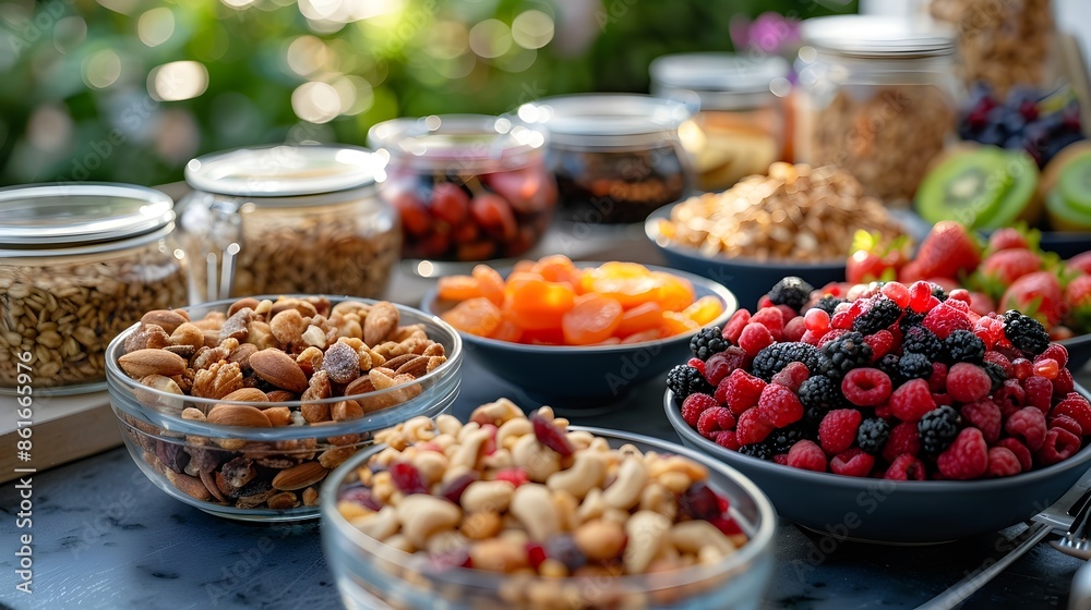 Picturesque Picnic Spread of Organic Snacks on Rustic Wooden Table Picturesque Picnic Spread of Organic Snacks on Rustic Wooden Table