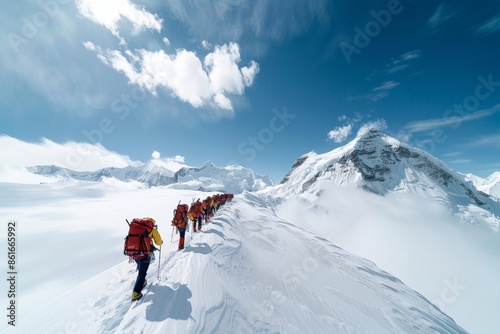 Resilient Sherpas Leading Climbers Up Mount Everest, Showcasing Teamwork and Expertise in Harsh Daylight Conditions