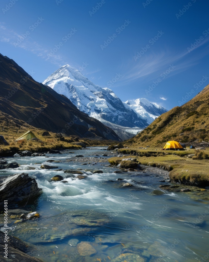 Fototapeta premium Serene Mountain Campsite with Tents by a Clear River, Nestled in Snow-Capped Valley at Daytime