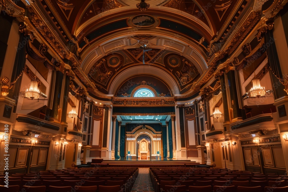 Obraz premium Ornate Interior of a Grand Hall with a Stage