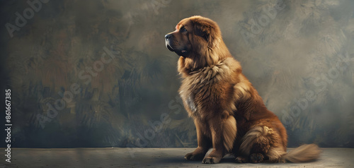 A Tibetan Mastiff sitting with a powerful build photo