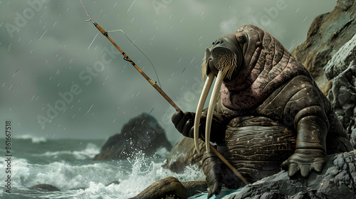 A walrus as a fisherman with a harpoon photo