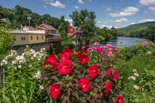 View of the picturesque town of Shelburne Falls, Massachusetts and it's scenic Bridge of Flowers. photo