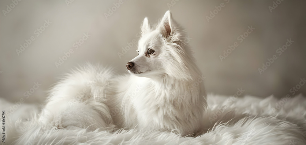 An American Eskimo Dog sitting with a fluffy white coat An American Eskimo Dog sitting with a fluffy white coat