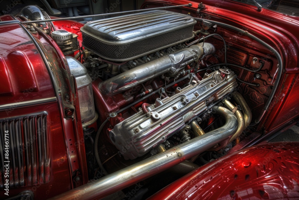 Fototapeta premium A detailed view of a red car's engine with various components and parts visible