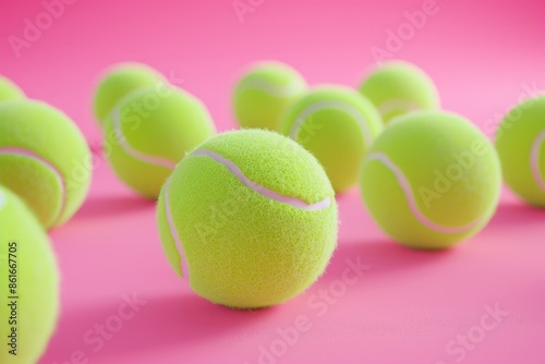 A collection of tennis balls arranged on a bright pink surface, suitable for sports-themed images or illustrations © Ева Поликарпова