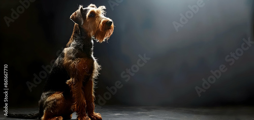 An Airedale Terrier sitting with a wiry coat photo