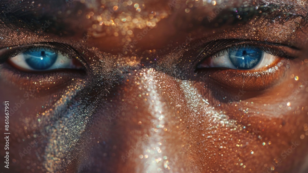 A close-up view of a person's face covered in glitter, suitable for use in party or celebration scenes A close-up view of a person's face covered in glitter, suitable for use in party or celebration scenes